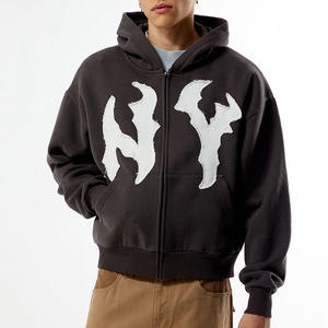 Premium Quality Dark Brown <b>NY</b> Raw Applique Full Zip Unisex <b>Hoodie</b> Breathable Cotton Blended Streetwear Distrust <b>Hoodie</b> For Men - Product Image 1