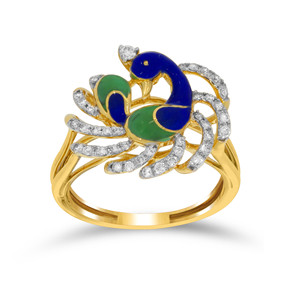 Bague Cocktail Femme en Or Jaune avec Diamant de Laboratoire et Émail Bleu Vert, Motif Paon, Vente en Gros - Product Image 1
