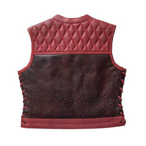 <b>Red</b> PU Leather Moto <b>Vest</b> <b>Men</b> Quilted Front Lace-Up Side Pockets Crew Neck Short Outerwear Autumn Biker Style - Product Image 2