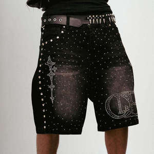 Shorts de mezclilla con pedrería de marca privada personalizados, MOQ bajo de 50 unidades, shorts de mezclilla lisos estilo streetwear, etiqueta tejida, proveedor de alta calidad. - Product Image 1