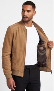 Wholesale Fashionable <b>Men</b> <b>Suede</b> Bomber <b>Jacket</b> Tan Beige Classic Flight Coat Custom Slim Fit Ribbed Knit Trim Eco-Friendly - Product Image 4