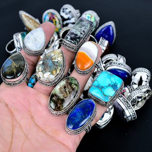 All Natural Cabochon Gemstone <b>Adjustable</b> <b>Ring</b>: 925 Sterling Silver Plated Mix Shape Vintage Jewelry - Product Image 6