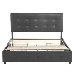 Letto Matrimoniale Regolabile con Contenitore, 4 Cassetti, Testiera in Legno Imbottita in Ecopelle con Bottoni Trapuntati, Stile Morbido - Product Image 4
