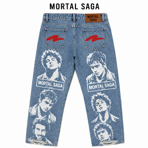 Jean tendance taille haute coupe slim micro-évasé longueur cheville avec franges, imprimé industriel, strass et sublimation pour homme - Product Image 1