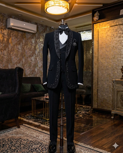 Costume de smoking noir pour homme, 3 pièces, broderie de paillettes, style britannique, tenue formelle, tenue de marié - Product Image 1