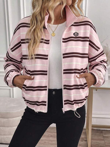 Custom Logo Women Sweatshirts Full Zip Striped Oversized Drop Shoulder Fleece Bomber <b>Jacket</b> Casual Streetwear Hoodies Wholesale - Product Image 2