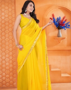 KV Women's Traditional Georgette Rayon Yellow Embellished Designer <b>Saree</b> Wrinkle-Free Reversible Party Unstitched <b>Blouse</b> - Product Image 2