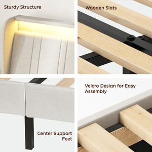 Letto matrimoniale moderno con piattaforma, testiera imbottita in tessuto e doghe in legno, supporto morbido per letto king size - Product Image 4