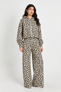 Conjunto de Sudadera con Capucha y Pantalones Anchos con Estampado de Leopardo Blanco y Amarillo para Mujer, Manga Larga, Cierre de Cremallera, Cintura Elástica, Estilo Casual - Product Image 3