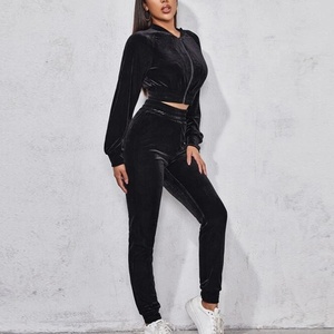 Vintage Street <b>Velvet</b> 2Pcs Set <b>Women</b> Tracksuit Sport Suit Fall Spring Casual Outfit Sexy Long Sleeve Crop <b>Top</b> Hoodie Pants - Product Image 4