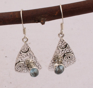 Handmade Antique Finish Blue Topaz Leaf Drop <b>Earrings</b> <b>Solid</b> 925 <b>Silver</b> Botanical Foliage Jewelry Wholesale Jaipur Artisan - Product Image 4