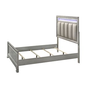 Letto matrimoniale in legno stile moderno glamour, finitura grigio chiaro con striscia LED integrata, testiera imbottita con bordi decorati (1 pz) - Product Image 3