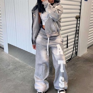 Conjunto Deportivo Gris para Mujer, Estilo Acid Wash, con Capucha, Manga Larga, Estampado de Letras, Corte Holgado, Estilo Urbano, Otoño, 100% Algodón Transpirable, 2026 - Product Image 5