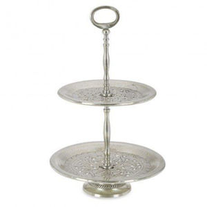 Soporte de pastel de aluminio plateado de alta calidad de 2 niveles, torre decorativa de metal para exhibir postres, bandeja para servir en fiestas y eventos en el hogar. - Product Image 1