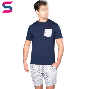 Conjunto de Camiseta Azul Marino con Cuello Redondo y Bolsillo Blanco y Pantalones Cortos con Estampado de Puntos, Ropa Casual de Verano, 100% Algodón, Tejido Transpirable - Product Image 2