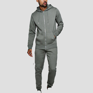 Ensemble de survêtement sportif gris à capuche pour homme, fermeture éclair intégrale, couleur unie, sweat-shirt et pantalon en coton, coupe classique, pour l'automne - Product Image 2