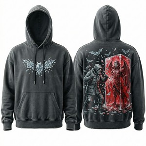 Sweat à capuche zippé surdimensionné personnalisé pour homme, en polaire rouge délavé vintage, avec imprimé graphique Gothique Chauve-souris, Vanne d'vent et Éclair, style streetwear - Product Image 2