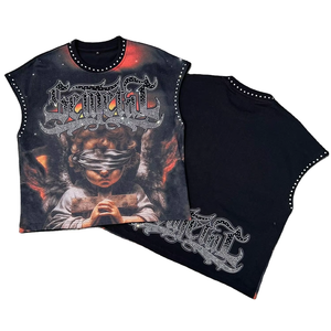 <span class=keywords><strong>Camiseta</strong></span> <span class=keywords><strong>sin</strong></span> <span class=keywords><strong>mangas</strong></span> con estampado de diamantes de imitación, lavado ácido, gráfico oversize, de algodón de alta calidad, estilo holgado para hombre - Product Image 1