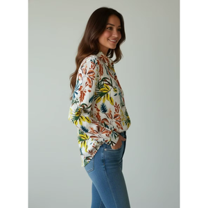 Hawaiian Vacation Style Summer Shirt for Women Retro Floral Beach Top with Elastic Loose Fit Lapel Collar <b>Polyester</b> - Product Image 4