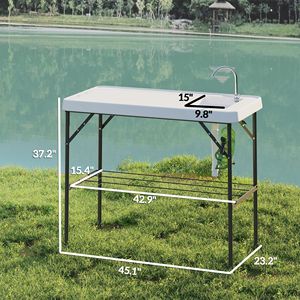 Tavolo Pieghevole Portatile Bianco per Pulizia Pesci con Lavello, Rubinetto, Tubo di Scarico, Spruzzatore e Ripiano per Campeggio - Product Image 2