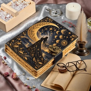 Diario de Cuero Grimoire Celestial de 400 Páginas, Tapa Dura Negra, Diseño Vintage de Luna y Estrellas, Libro de Hechizos Hecho a Mano con Acuarelas, Regalo - Product Image 4