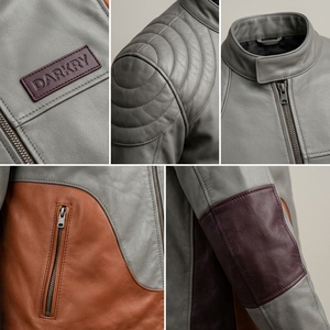Chaqueta de Cuero Personalizada para Hombre en Gris y Marrón, con Hombreras Acolchadas Tricolor, Estilo Motero, de Cuero Vacuno Auténtico, Ropa de Calle, Venta al Por Mayor - Product Image 6