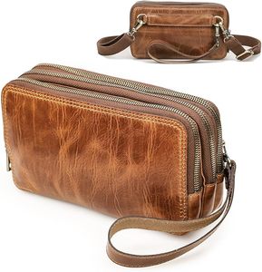Brown Leather <b>Zip</b> Around <b>Wallet</b> with Dual Zippers and Wrist Strap Fazmax Corporation Model A27 - Product Image 1