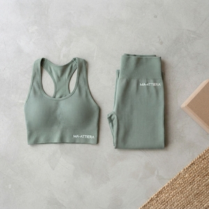 <b>Women</b> Sage Green Ribbed Yoga Set <b>Crop</b> Tank Top High Waist <b>Leggings</b> Gym Fitness Workout Activewear Two Piece Set - Product Image 6
