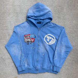 Sudadera con capucha para hombre Y2K, con cremallera, lavado ácido, desgastada, con bordado de llamas y parches. - Product Image 1