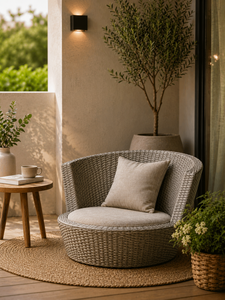 Chaise de jardin contemporaine en rotin avec coussin beige, mobilier d'extérieur rond, siège confortable pour patio et loisirs - Product Image 4