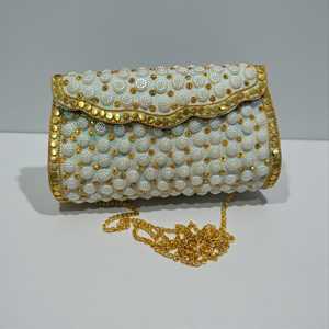 <b>White</b> Pearl Beaded Clutch Bag Rhinestone Chain Strap <b>Envelope</b> Purse Evening Party Handbag for Women - Product Image 1