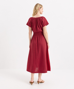 Robe midi en double gaze biologique à col ouvert fendu avec liens, taille élastiquée smockée et manches raglan volantées - Product Image 2