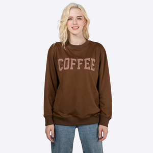 Women <b>Coffee</b> <b>Print</b> Crew Neck Sweatshirt Regular Fit Long Sleeve Brown Cotton Autumn Wear - Product Image 4