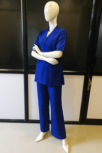 ชุดเซ็ตสองชิ้นสีน้ำเงินสไตล์ลำลองกึ่งทางการ ผ้าโพลีเอสเตอร์ รีไซเคิล สำหรับผู้หญิง เสื้อและกางเกงขายาวทรงกว้าง ไซส์ M-L-XL-XXL - Product Image 5