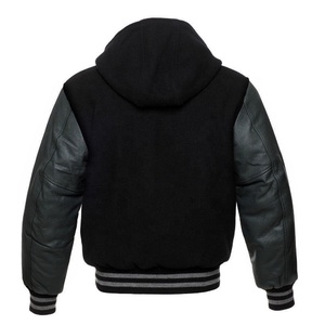 Latest Style Custom Fig Breathable Stand Collar Men's Varsity <b>Jackets</b> <b>Black</b> Woolen Sleeve Hoodie for Spring Wholesale Price - Product Image 2