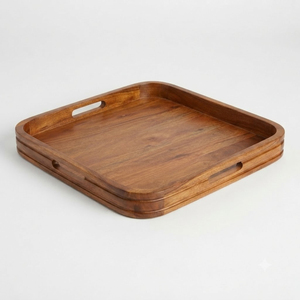 Plateau de service carré en bois écologique avec logo personnalisé, plateau à thé et à café, plateau de service pour hôtel et restaurant avec poignées intégrées - Product Image 1