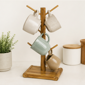 Wholesale Sustainable Bamboo Coffee Mug <b>Stand</b> with <b>Weighted</b> Base 6-Hook Vertical Wooden Cup Tree Dryer And Coffee Bar Station - Product Image 4