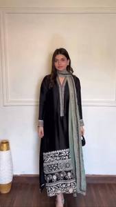 Black Embroidered Indian Pakistani Set Long Kurta Palazzo <b>Shawl</b> Set for <b>Wedding</b> Festival Wear - Product Image 3