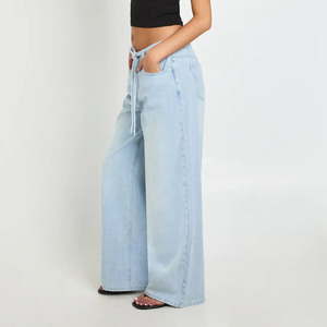 Pantalones vaqueros de verano al por mayor, de cintura alta, azul claro, de pierna ancha con cordón, ajuste holgado, largo completo, talla grande, informales para mujer - Product Image 3