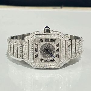 Reloj de Lujo para Hombre con Diamantes, Caja Cuadrada Plateada/Moissanita, Pantalla Analógica, Números Romanos, Cristal de Zafiro, Cierre Oculto, Cuarzo - Product Image 1