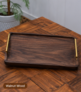 Plateau de service rectangulaire en bois d'acacia, de manguier et de noyer, poli, écologique, avec poignées dorées, pour le thé, le café et le petit-déjeuner - Product Image 3
