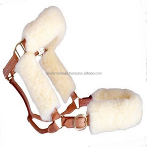 Premium Sheepskin Fleece Padding Double Stitched Custom Design Tan Leather Horse <b>Halter</b> in Many Colors with Brass Buckle & Rings - Product Image 1
