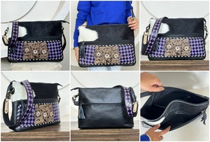 Sac à main pour femme en cuir de vachette à carreaux violets et noirs en gros, cuir travaillé, motif floral, grande capacité, sac de voyage - Product Image 3