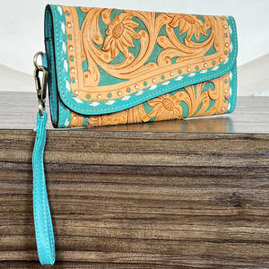 Portefeuille de luxe pour femme en cuir véritable orné de motifs floraux turquoise, pochette à main élégante avec porte-cartes intégré - Product Image 4