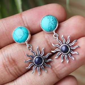 Wholesale Turquoise Lapis Lazuli Sun <b>Earrings</b> 925 <b>Sterling</b> <b>Silver</b> Handmade Celestial Gemstone <b>Dangle</b> <b>Earrings</b> for Women - Product Image 5