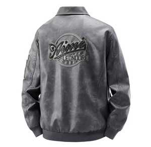 Veste en cuir véritable pour homme, coupe slim, imperméable, style motard, col montant, fermeture éclair, design avec patch brodé, couleur unie - Product Image 2