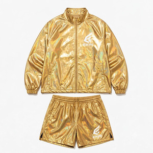 Wholesale Custom <b>Metallic</b> <b>Gold</b> Tracksuit Men Solid Casual Waterproof Windbreaker Jacket and Shorts 2 Piece Set Streetwear - Product Image 3