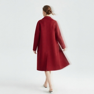 Red Wool Trench Coat Long Notched Lapel Double Button Solid Color Winter Women's Outerwear Minimalist Style Full Sleeve - Product Image 5