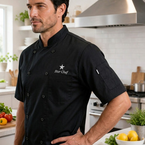 Chaqueta de Chef con Logotipo Personalizado en Relieve, Tela Tejida de Poliéster/Algodón, Corte Regular, Manga Corta, Cierre de Botones, Uniforme para Restaurante/Bar - Product Image 3