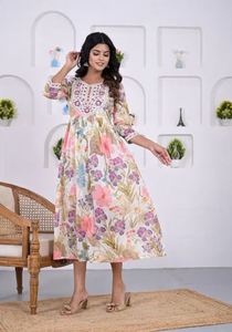 Robe plissée à col rond et manches longues lanternes, boutonnage simple, taille ajustée, imprimé unique, qualité supérieure, modèle 2026, meilleur prix toujours - Product Image 3